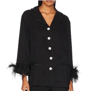 Chic Black Feather Trim Pajama Set